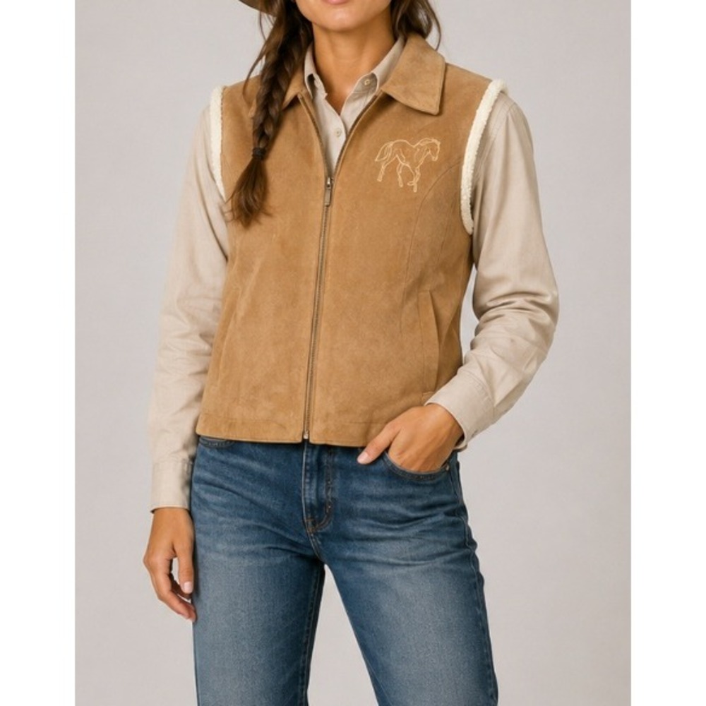 Saguaro Vtg Western Tan Suede Leather Sherpa Lined Vest Horse Embroidery Brown L